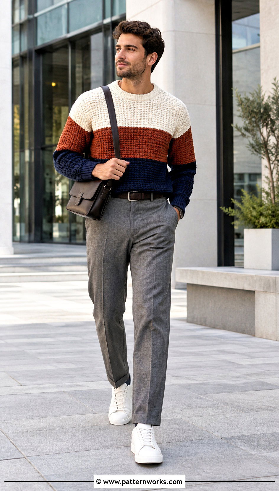 Color Block Crochet Sweater With Gray Pants - 30 mens crochet sweater outfit ideas