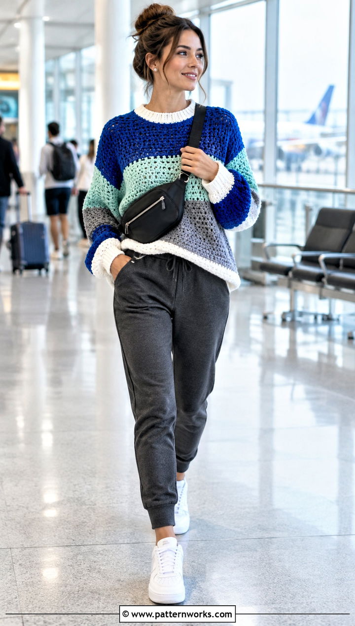 Color Block Crochet Sweater With Joggers - 24 Color Block Crochet Sweater outfit ideas