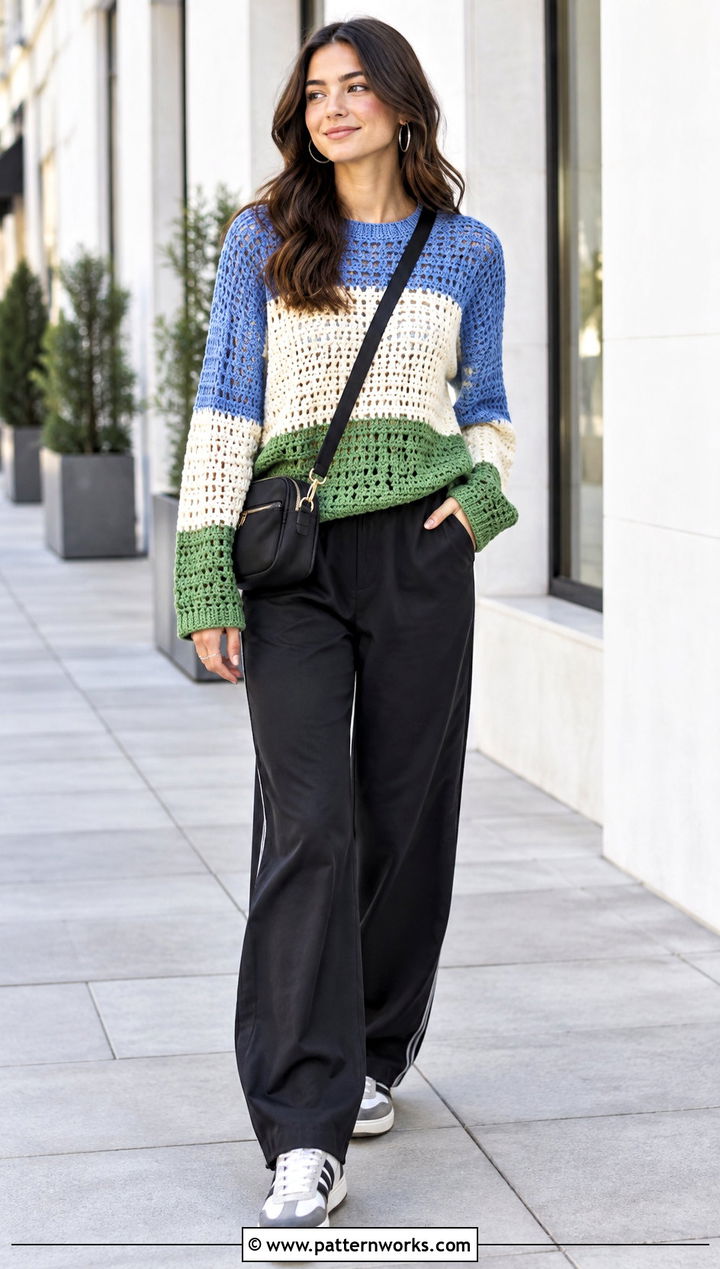 Color Block Crochet Top With Track Pants - 30 crochet top sleeves outfit ideas