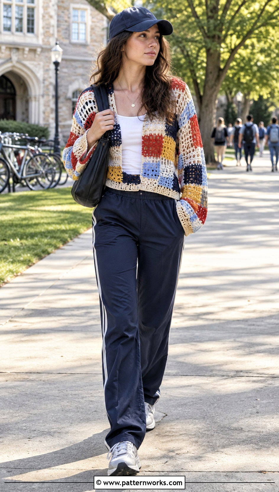 Color Block Hollow Out Crochet Sweater With Track Pants - 24 Hollow Out Crochet Sweater outfit ideas