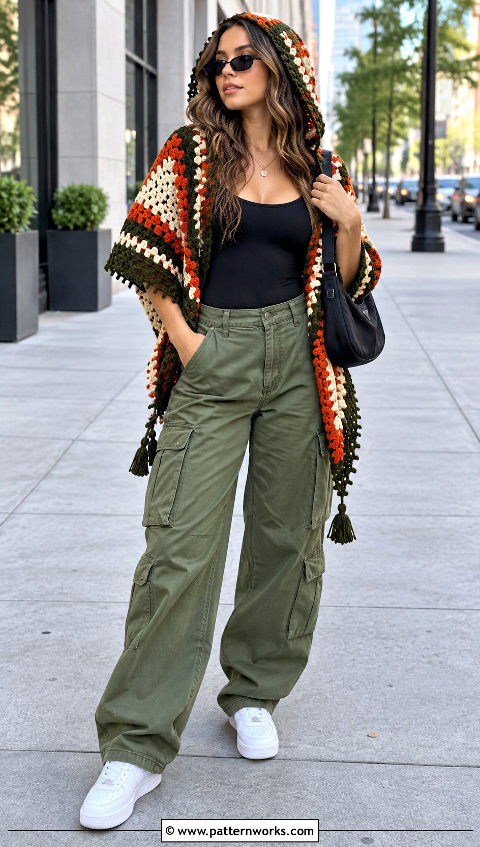 Color Block Hooded Triangle Crochet Shawl With Cargo Pants - 24 Hooded Triangle Crochet Shawl outfit ideas