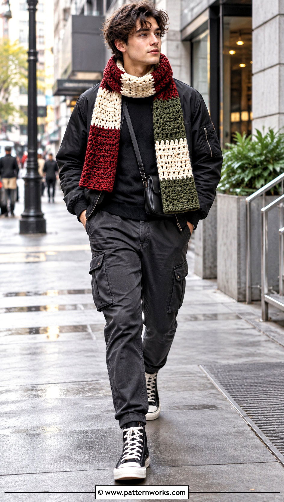 Color Block Puff Crochet Scarf With Bomber Jacket - 18 Playful Puffs Crochet Scarf outfit ideas
