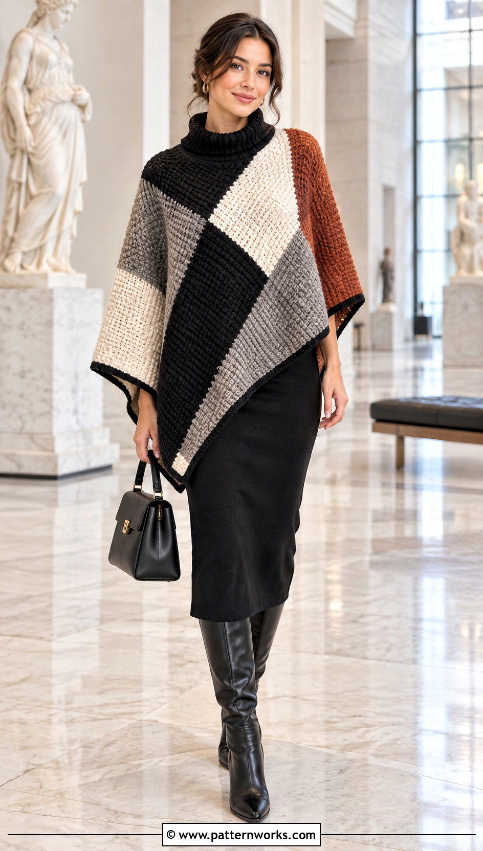 Color Block Tunisian Crochet Poncho With Column Dress - 24 tunisian crochet poncho outfit ideas