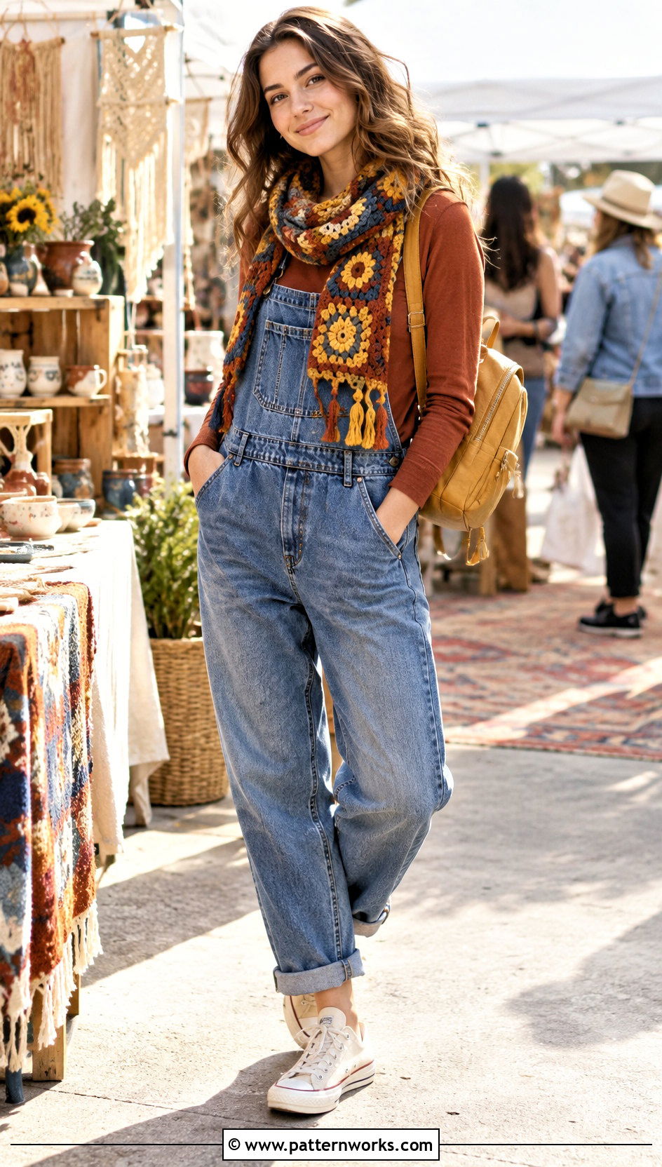Color Crochet Scarf With Denim Overalls - 24 3 Color Crochet Scarf outfit ideas