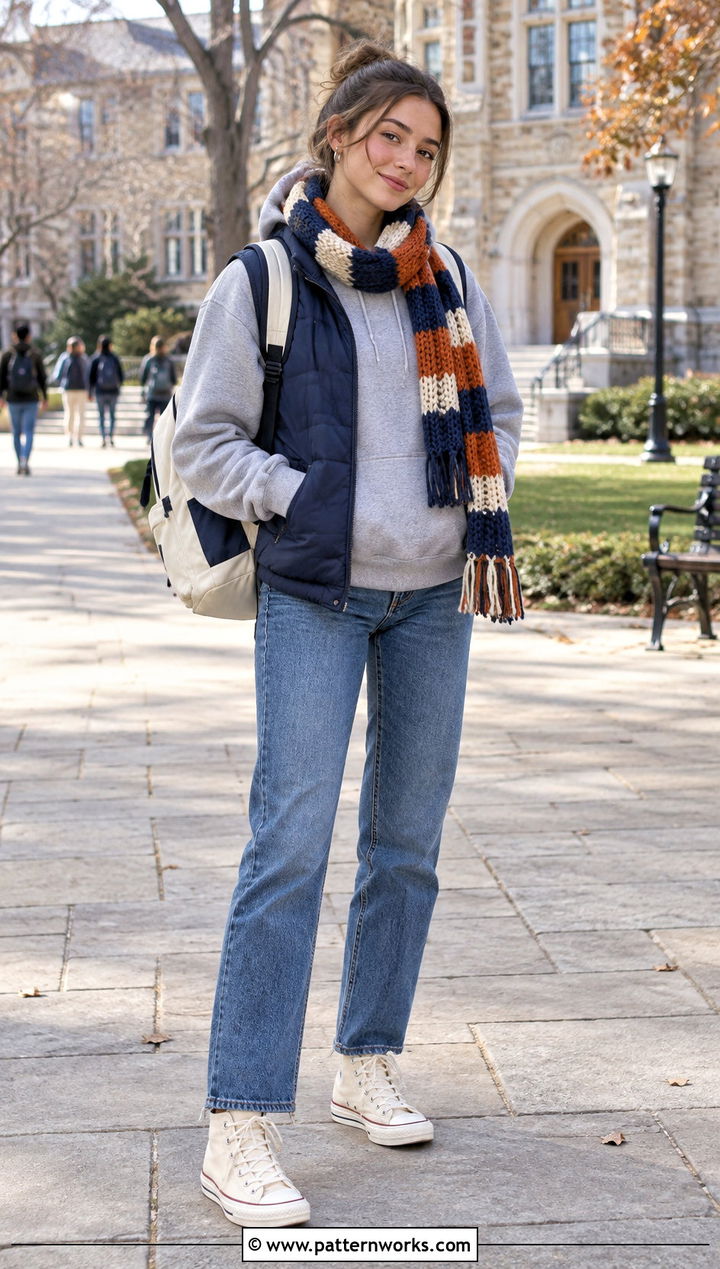 Color Crochet Scarf With Hoodie And Jeans - 24 3 Color Crochet Scarf outfit ideas
