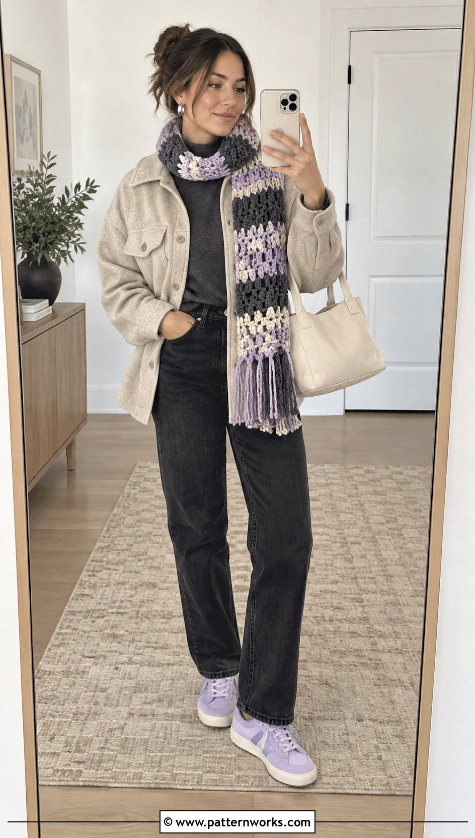 Color Crochet Scarf With Neutral Shacket - 24 3 Color Crochet Scarf outfit ideas