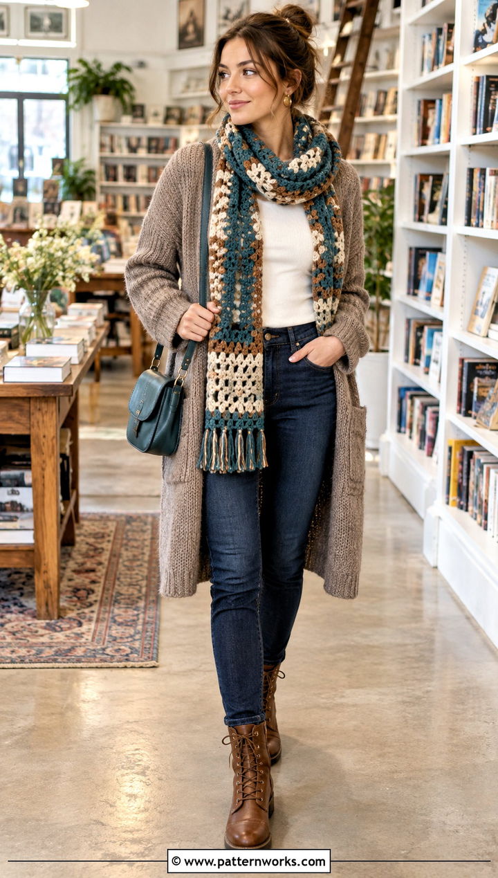 Color Crochet Scarf With Oversized Cardigan - 24 3 Color Crochet Scarf outfit ideas