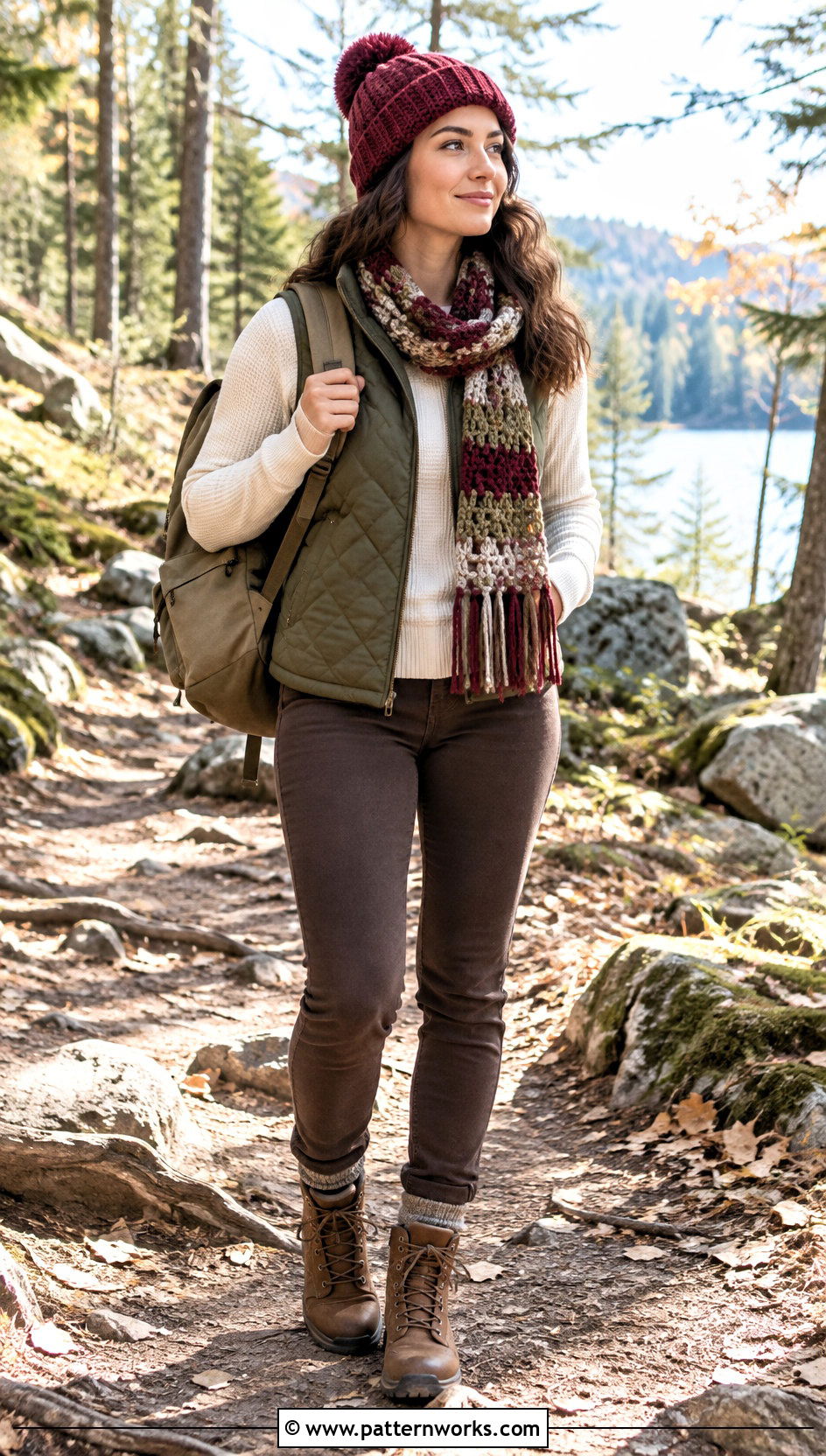 Color Crochet Scarf With Quilted Vest - 24 3 Color Crochet Scarf outfit ideas