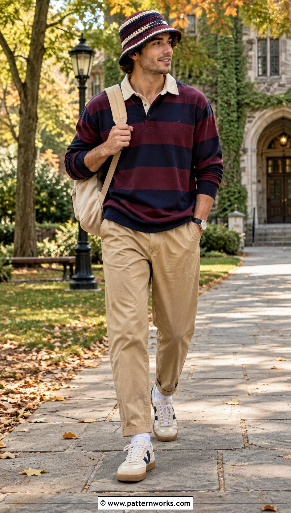 Colorful Crochet Bucket Hat With Rugby Shirt And Chinos - 18 Crochet Mens Bucket Hat outfit ideas