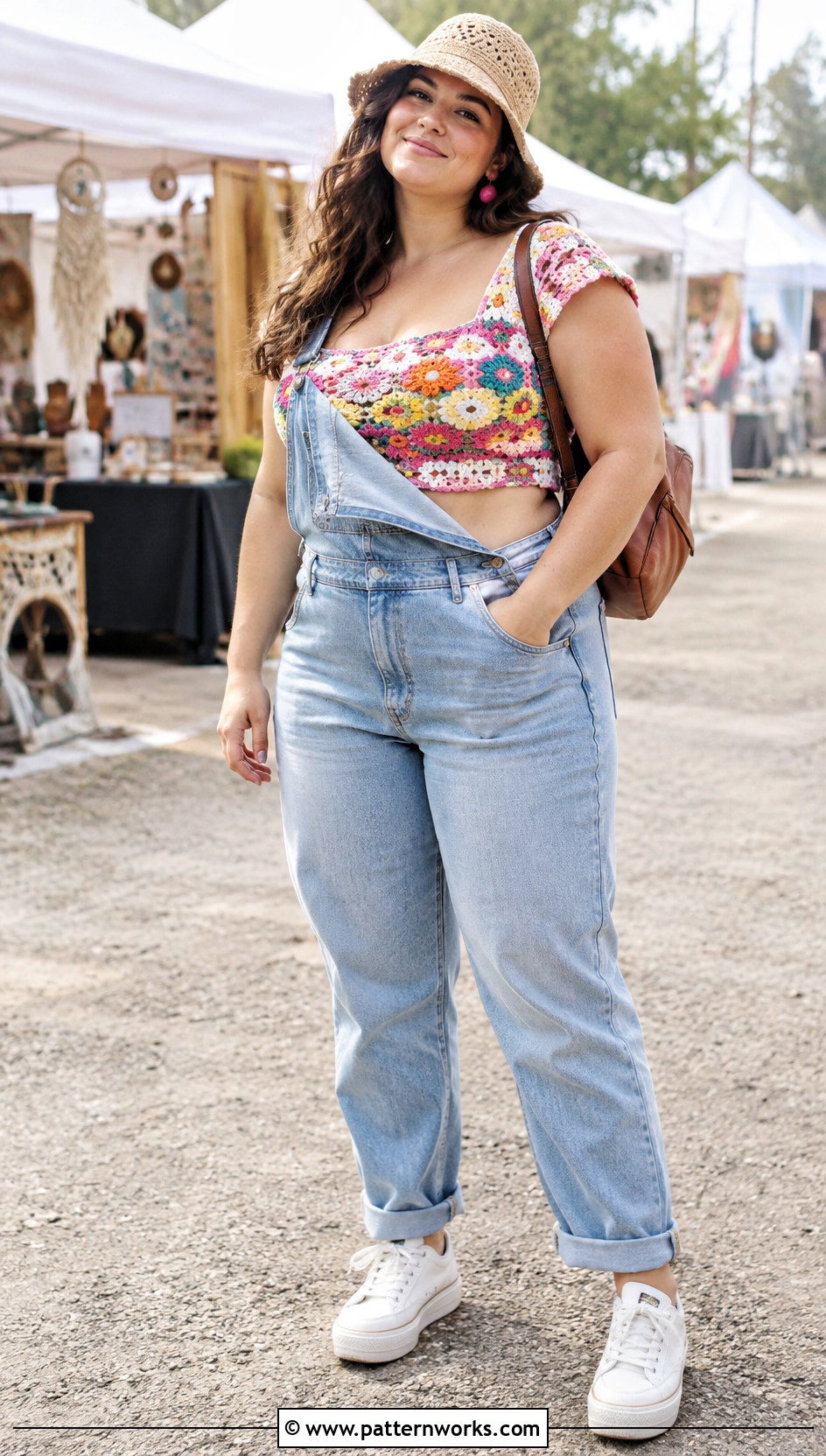 Colorful Crochet Crop Top With Denim Overalls - 24 Crochet Crop Top Plus Size outfit ideas