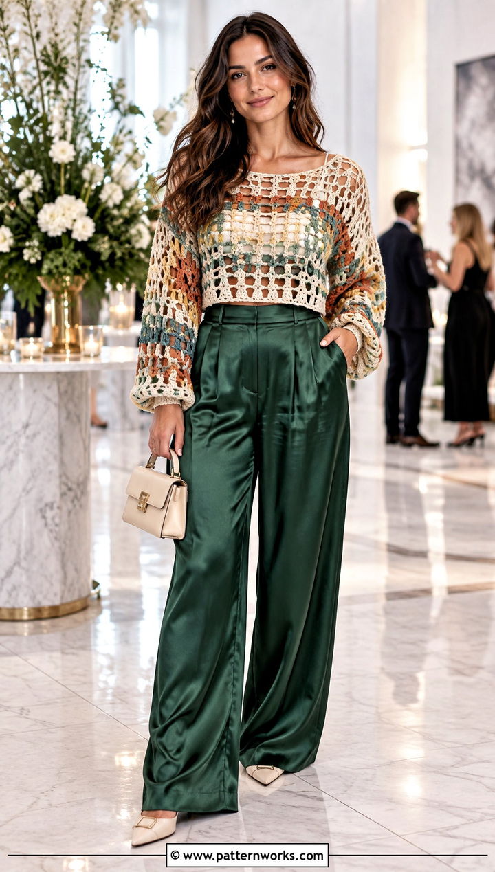 Colorful Crochet Sweater With Satin Pants - 30 colorful crochet sweater outfit ideas