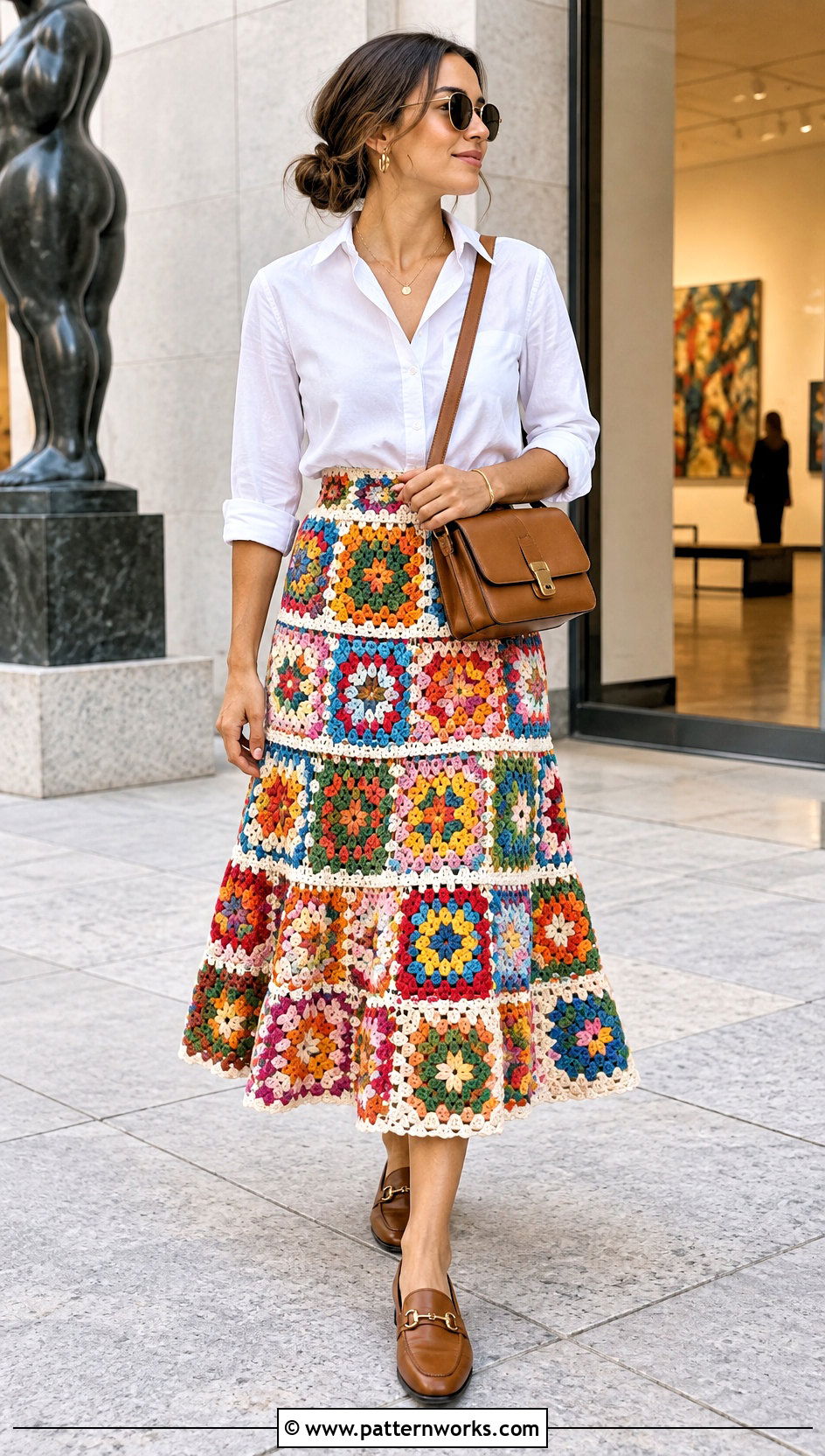 Colorful Crochet Tiered Skirt With White Button Down Shirt - 30 crochet tiered skirt outfit ideas