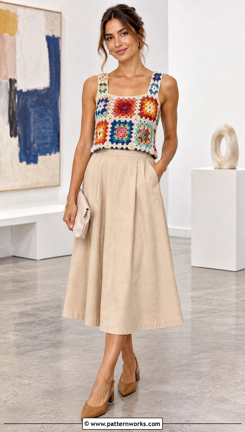 Colorful Crochet Top With Neutral Midi Skirt - 30 crochet top ideas