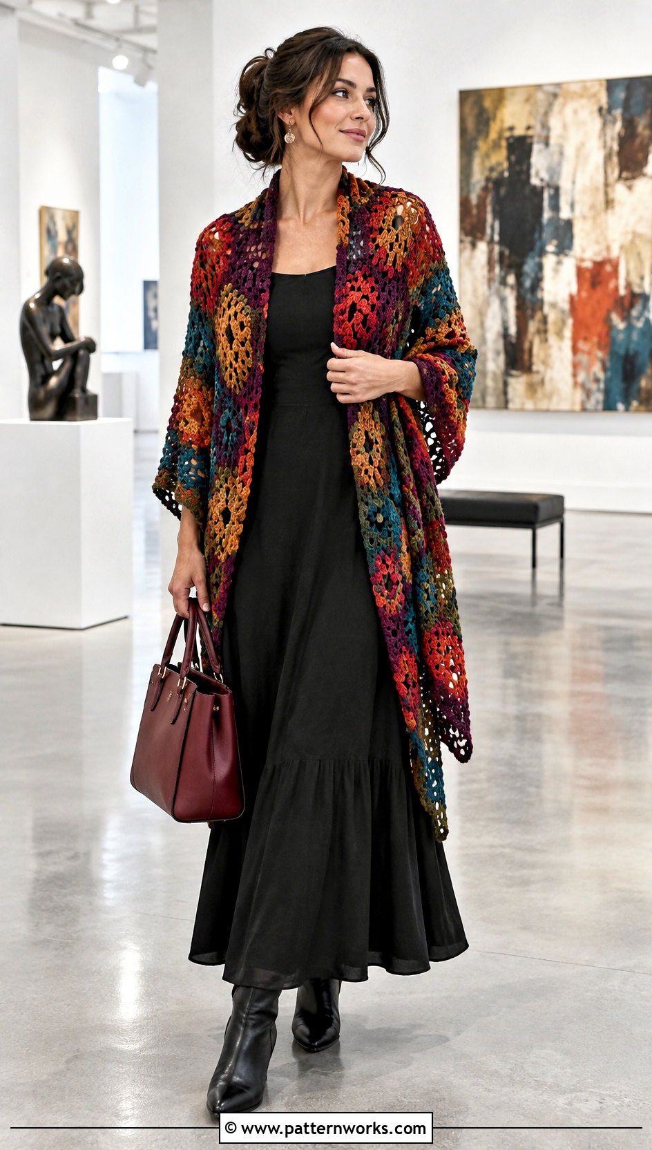 Colorful Crochet Wrap Outfit With A Black Maxi Dress - 30 crochet wrap outfit ideas
