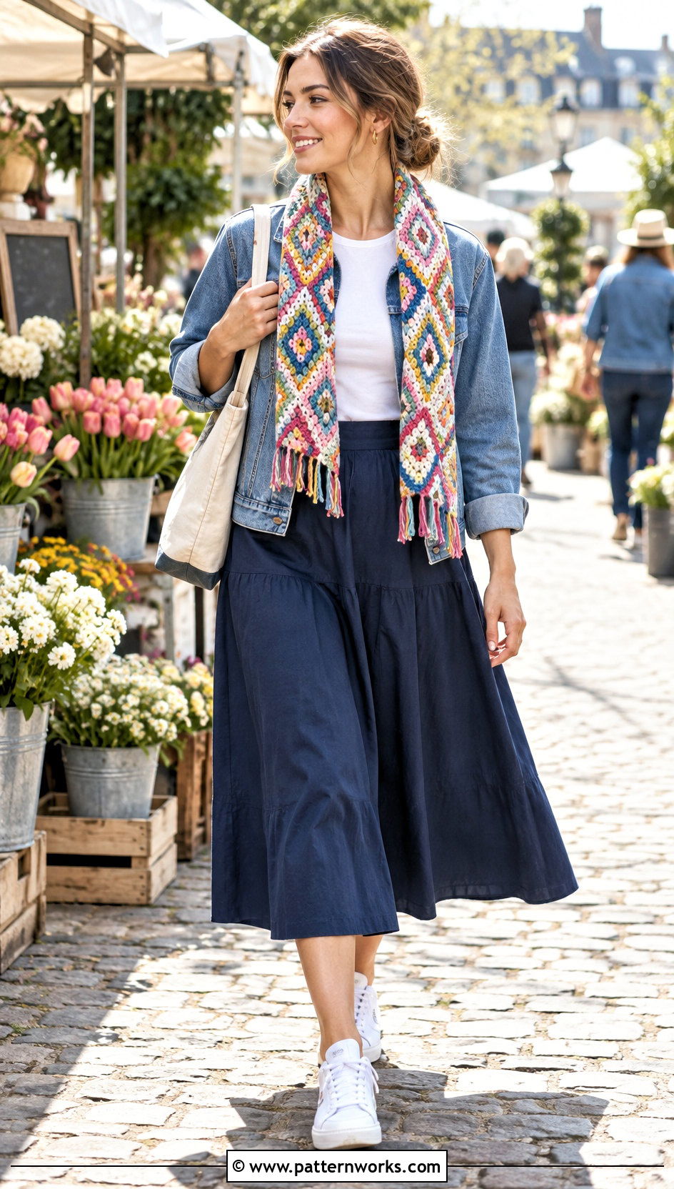 Colorful Diamond Crochet Scarf With Denim Jacket And Midi Skirt - 18 diamond crochet scarf outfit ideas