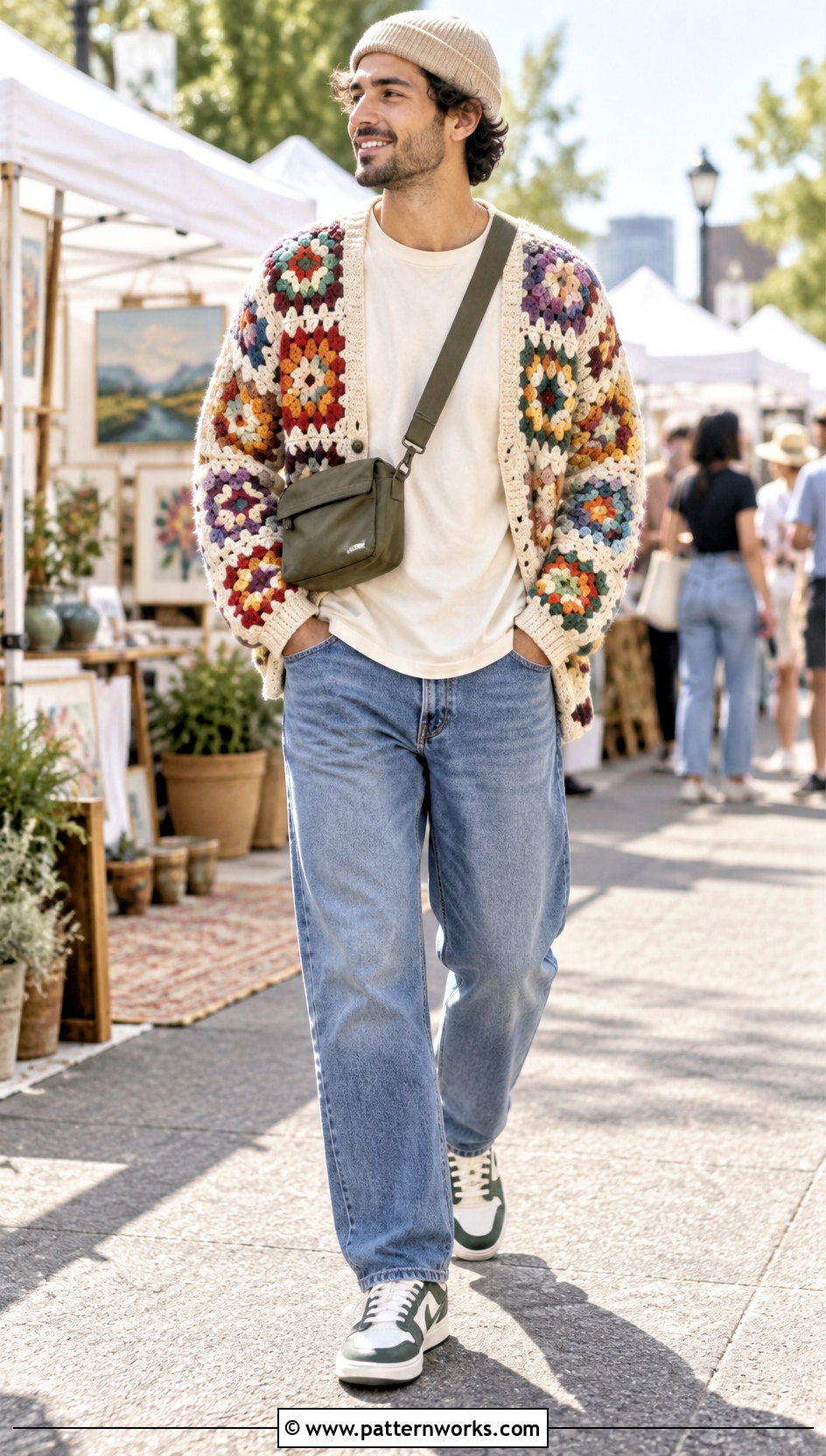 Colorful Granny Square Crochet Cardigan Outfit With Jeans - 18 men's crochet cardigan outfit ideas