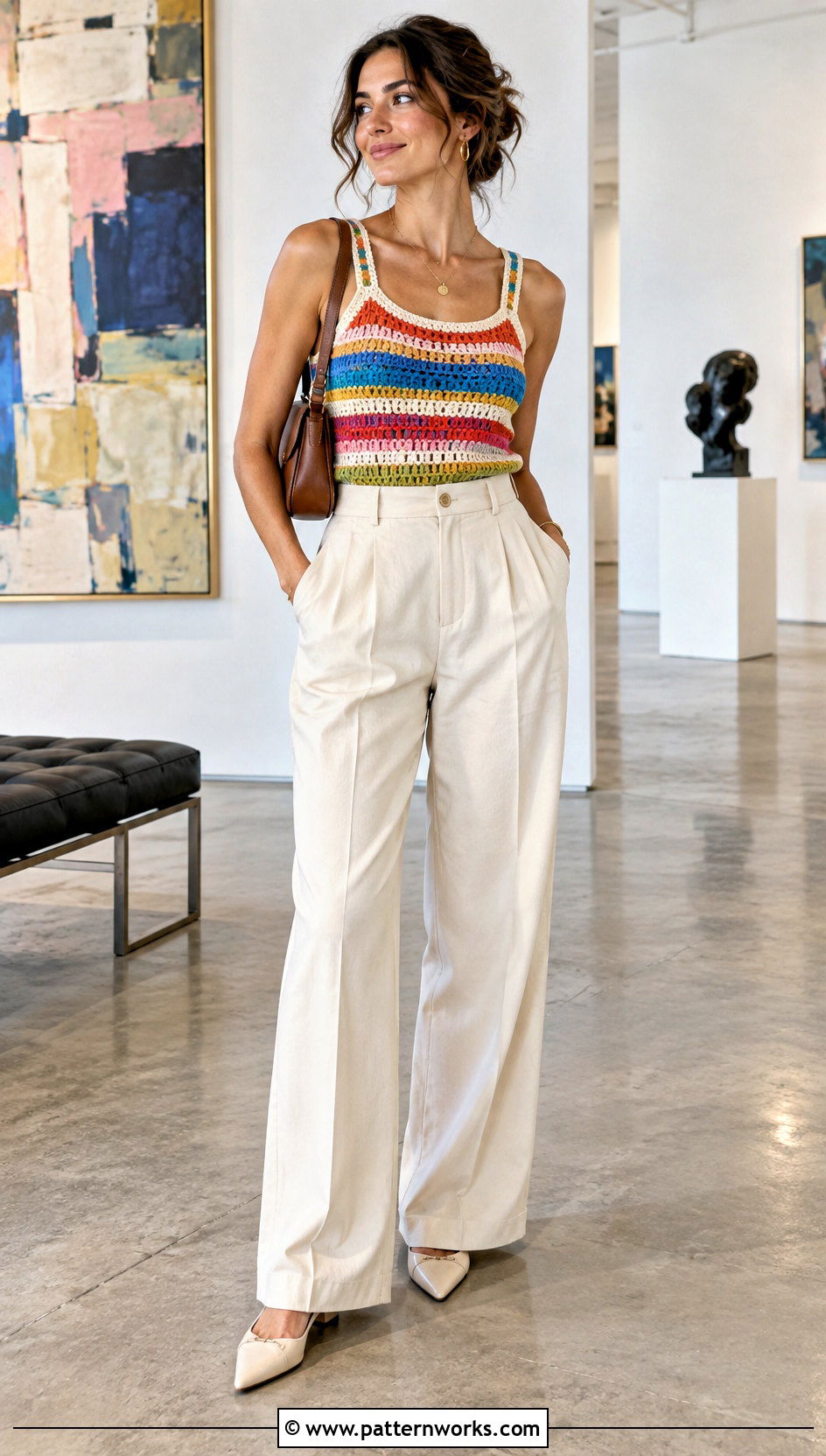 Colorful Striped Crochet Tank Top With Pleated Trousers - 18 colorful striped crochet tank top outfit ideas