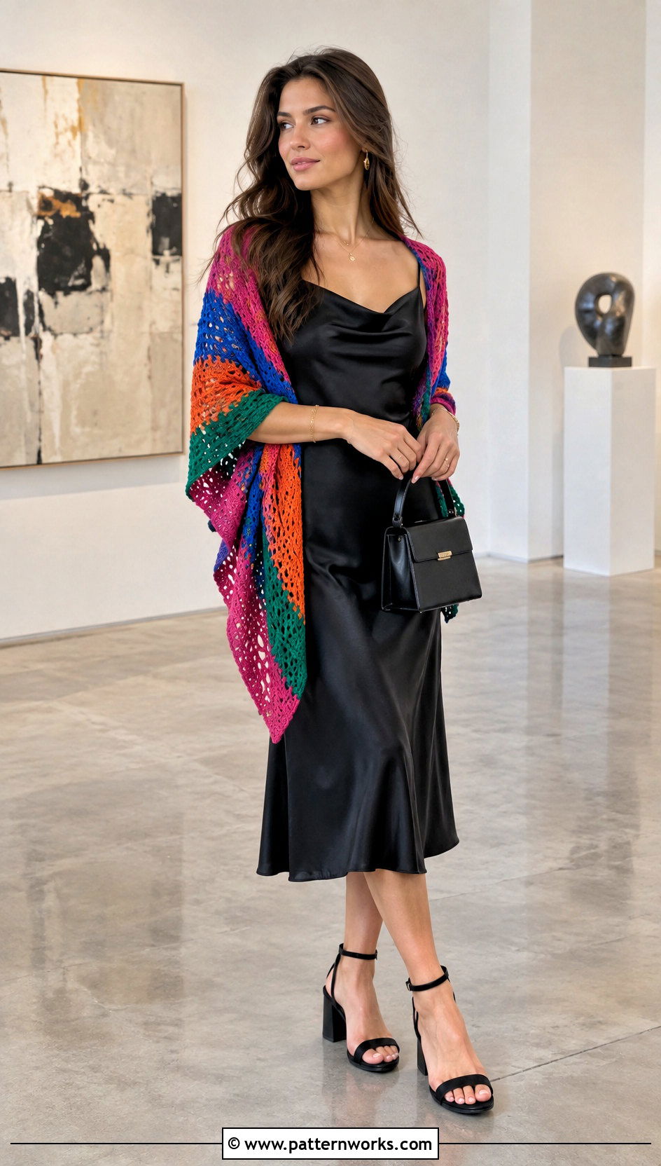 Colorful Striped Crochet Wrap With Black Slip Dress - 18 Colorful Striped Crochet Wrap outfit ideas