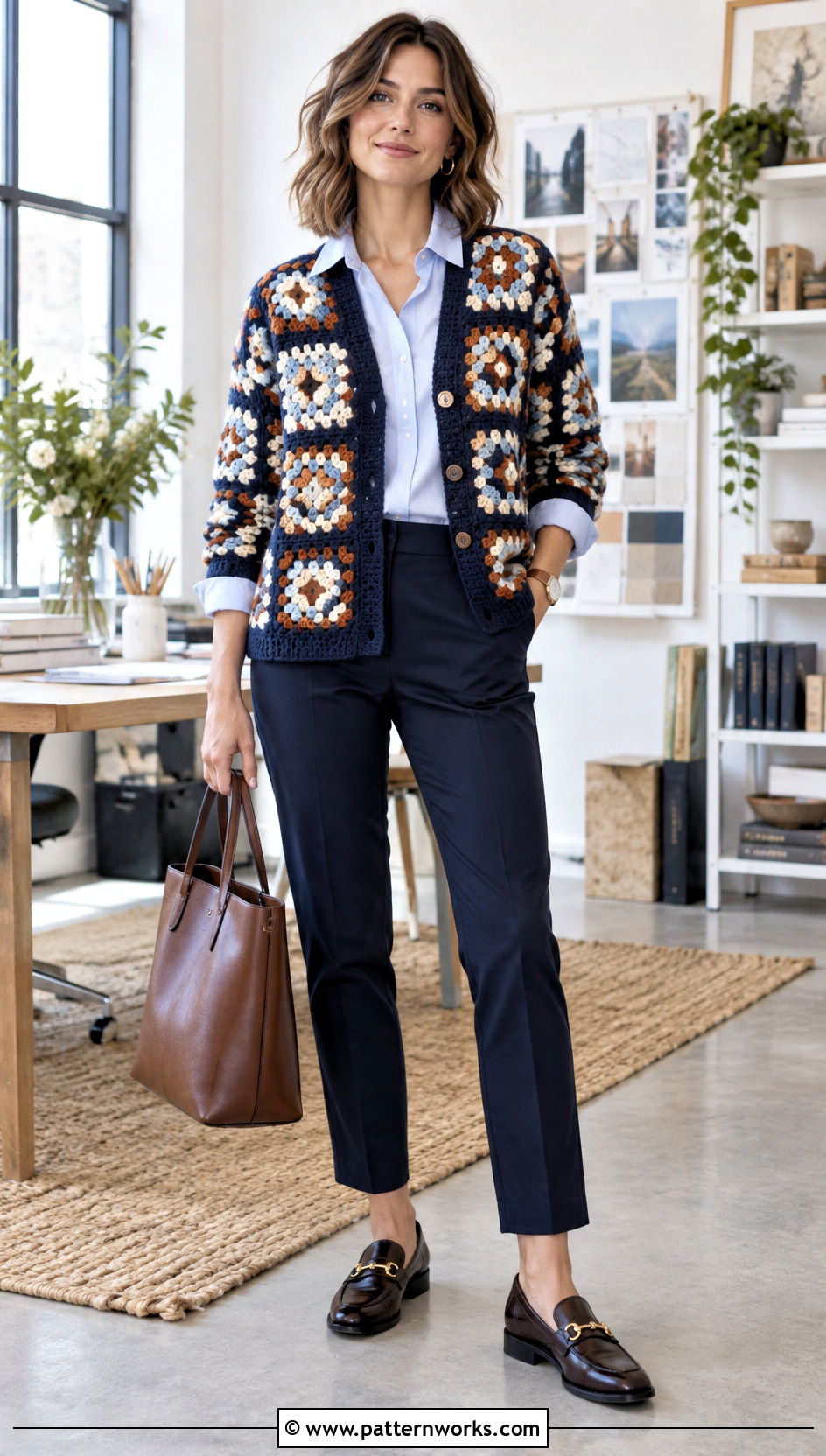 Continuous Granny Square Cardigan With Button Down Shirt - 24 continuous granny square cardigan outfit ideas