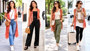 18 Coral Fringe Vest in Knit Crochet Boho Style Outfit Ideas