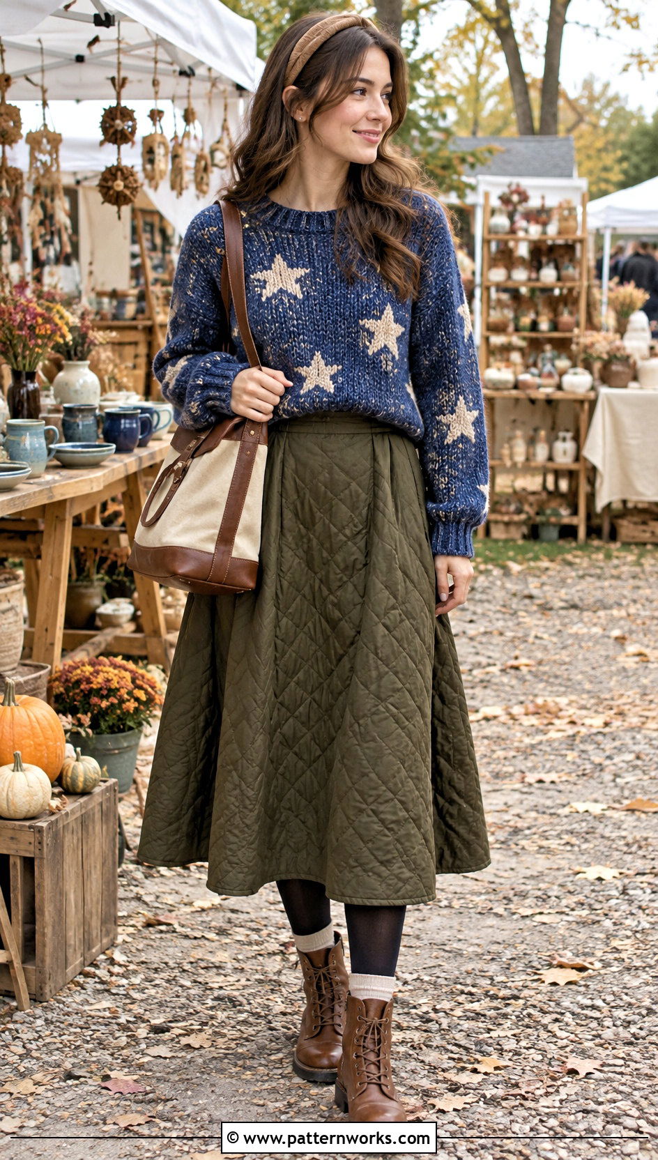 Coraline Crochet Sweater Outfit With Quilted Midi Skirt - 24 coraline crochet sweater outfit ideas