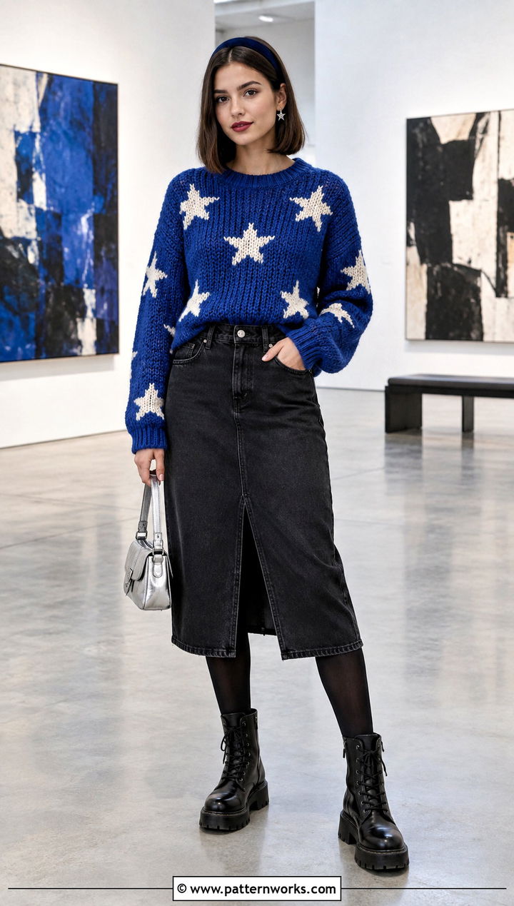 Coraline Star Crochet Sweater With Black Denim Skirt - 24 Coraline Star Crochet Sweater outfit ideas