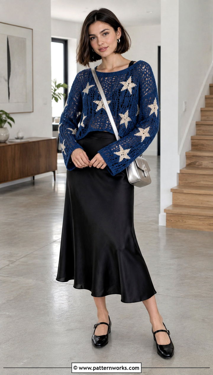 Coraline Star Crochet Sweater With Black Midi Skirt - 24 Coraline Star Crochet Sweater outfit ideas