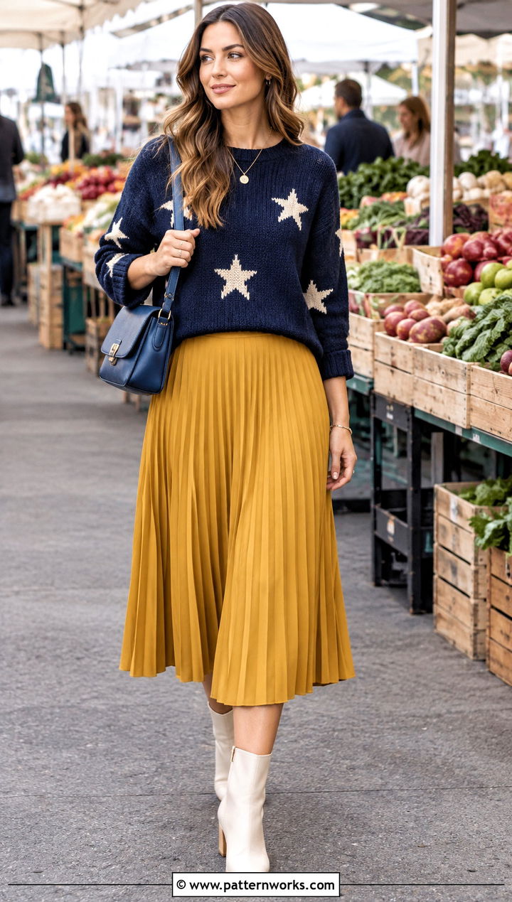 Coraline Star Crochet Sweater With Yellow Midi Skirt - 24 Coraline Star Crochet Sweater outfit ideas
