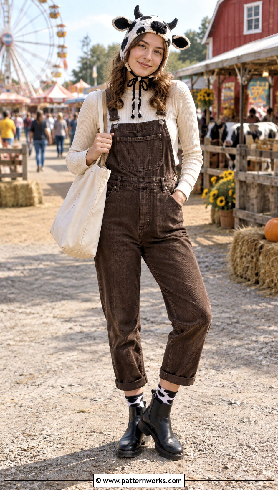 Cow Crochet Hat With Brown Overalls - 24 Weird Crochet Hat outfit ideas