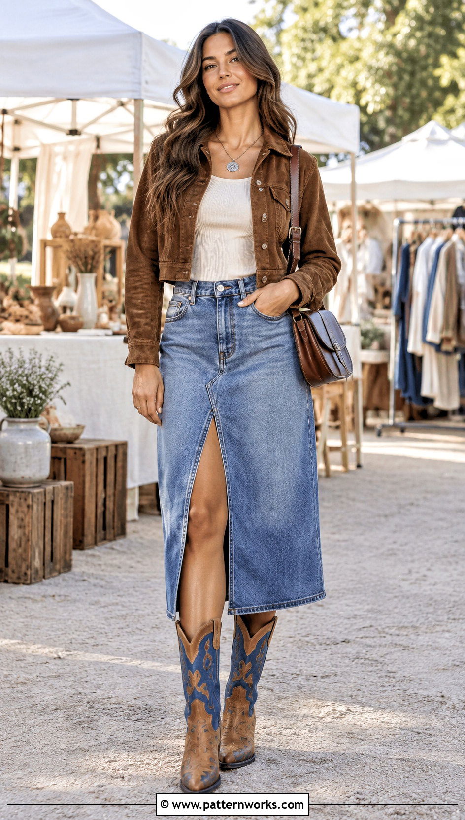 Cowboy Crochet Boots With Denim Midi Skirt - 18 Blue And Brown Crochet Boots outfit ideas