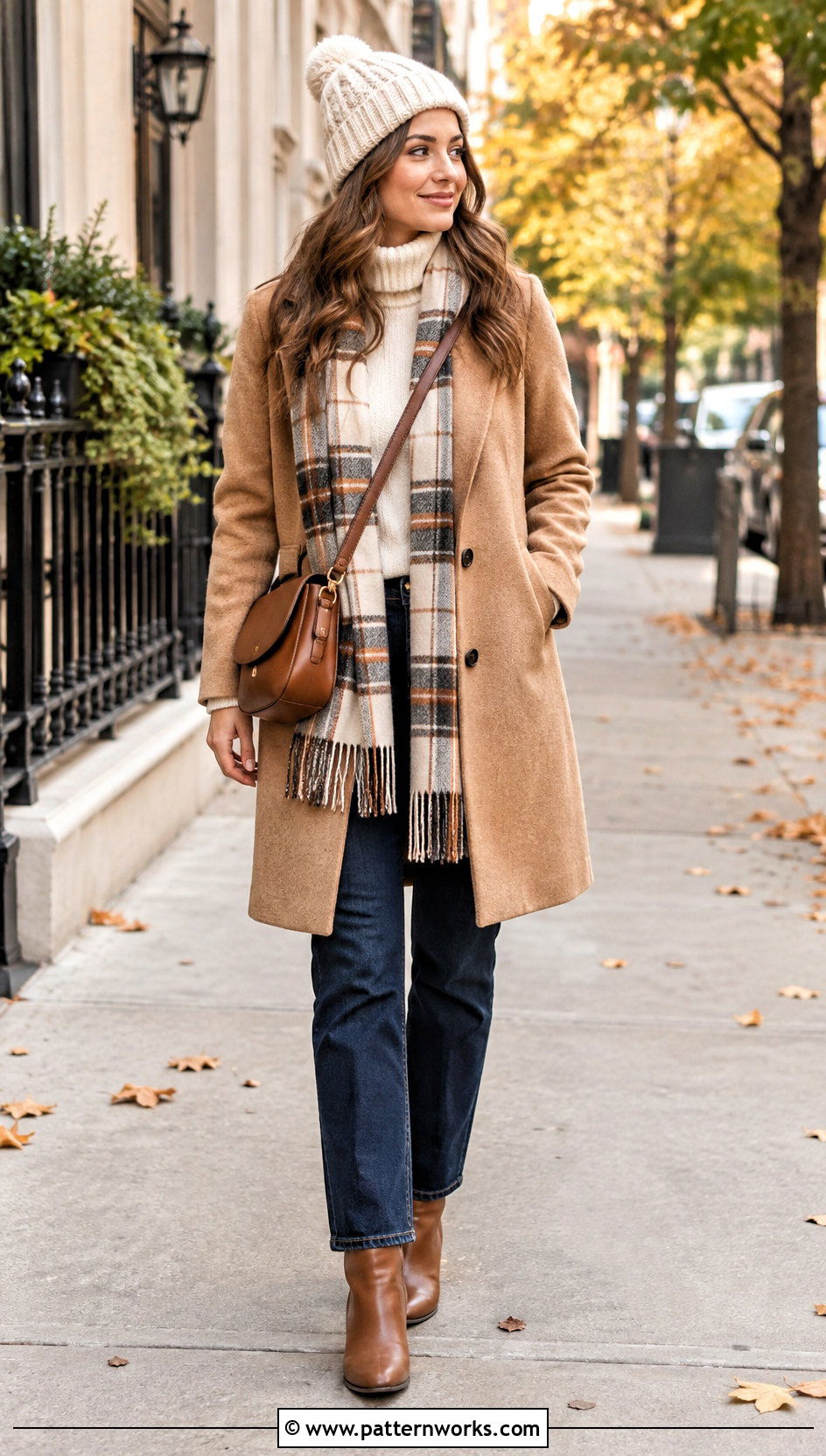 Cream Crochet Cable Beanie Outfit With Camel Coat - 24 crochet cable beanie outfit ideas