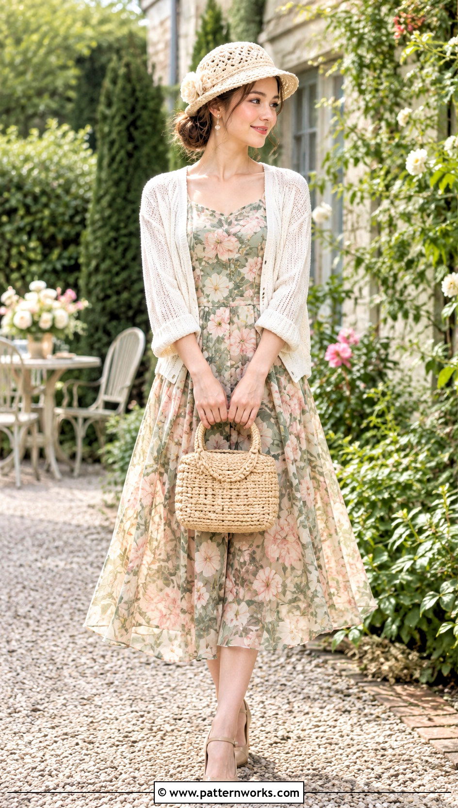 Cream Crochet Cloche Hat Outfit With Floral Midi Dress - 24 flapper style crochet cloche hat outfit ideas