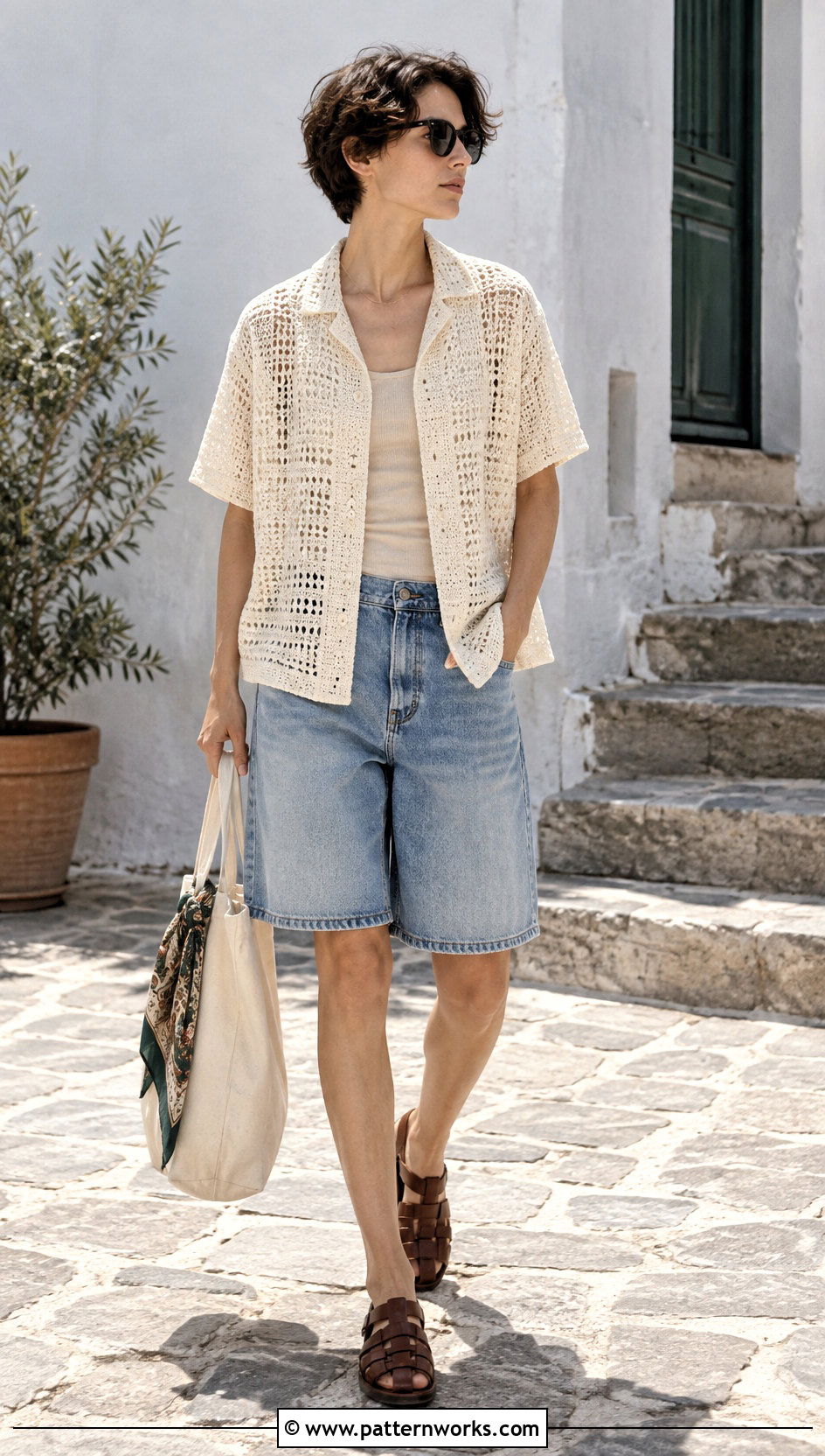Cream Crochet Shirt Outfit With Denim Shorts - 30 crochet unisex shirt outfit ideas