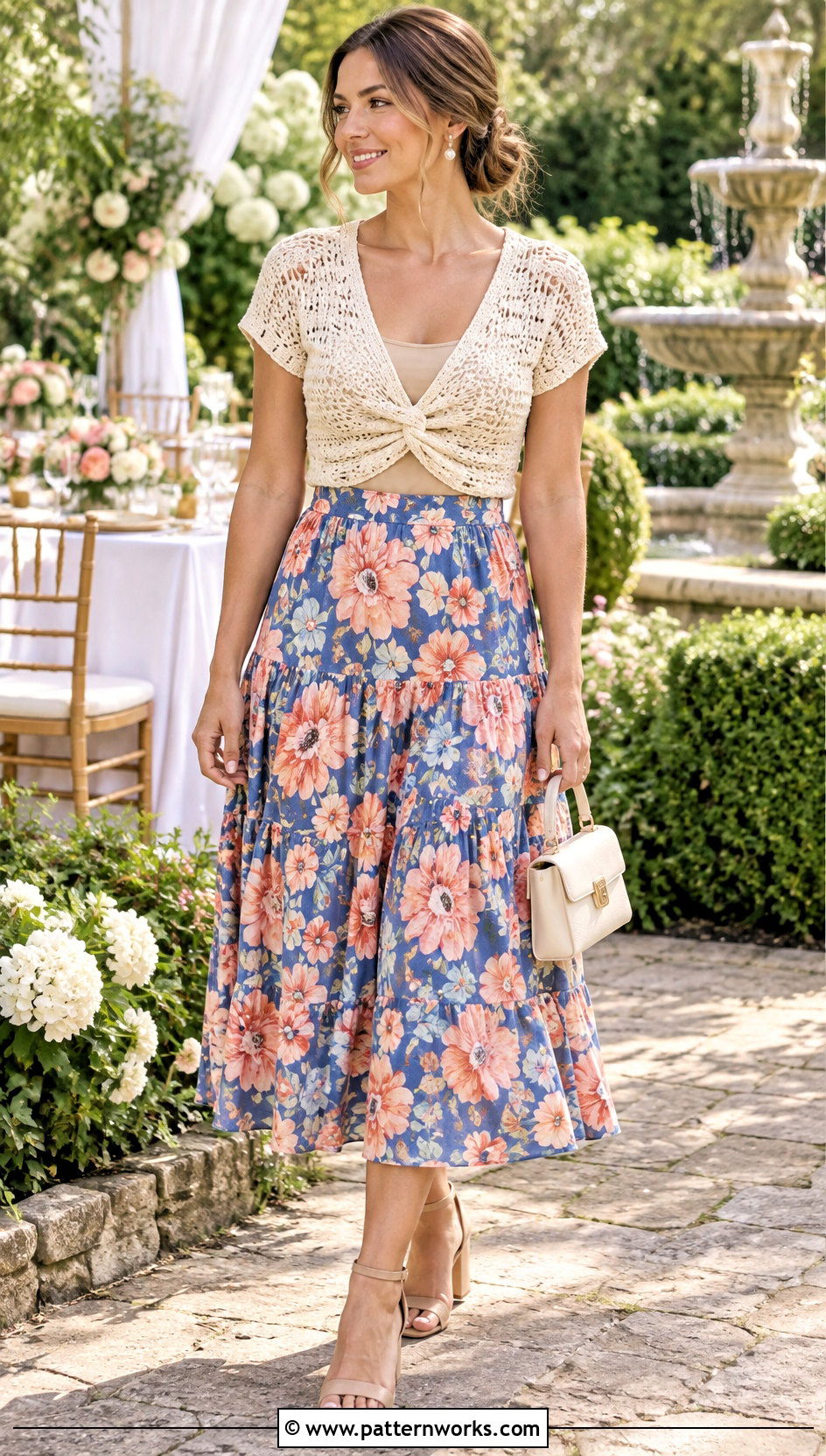 Cream Crochet Twist Top With Floral Midi Skirt - 30 crochet twist top outfit ideas