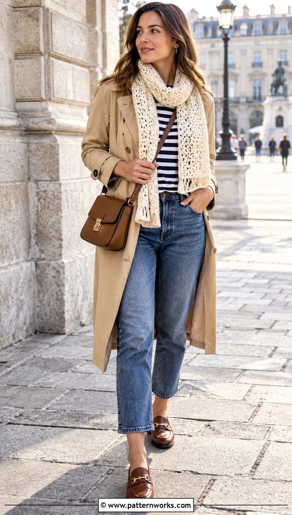 Cream Small Neck Crochet Scarf Outfit With Striped Top - 18 Small Neck Crochet Scarf outfit ideas