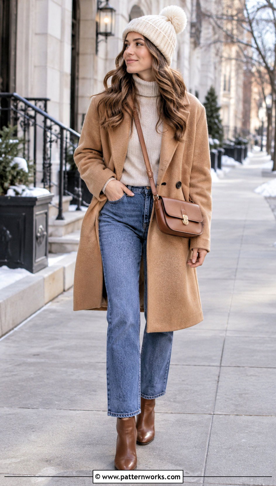 Cream Top Down Crochet Beanie With Camel Coat - 30 top down crochet beanie outfit ideas