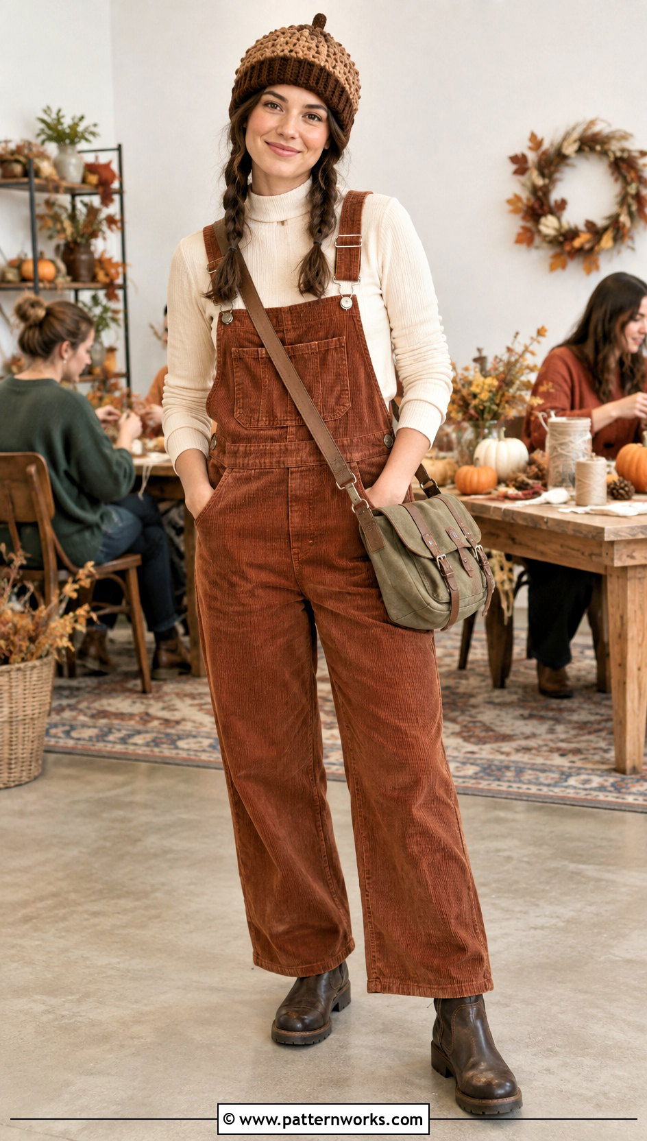 Crochet Acorn Beanie Outfit With Corduroy Overalls - 18 Crochet Thanksgiving Hat outfit ideas