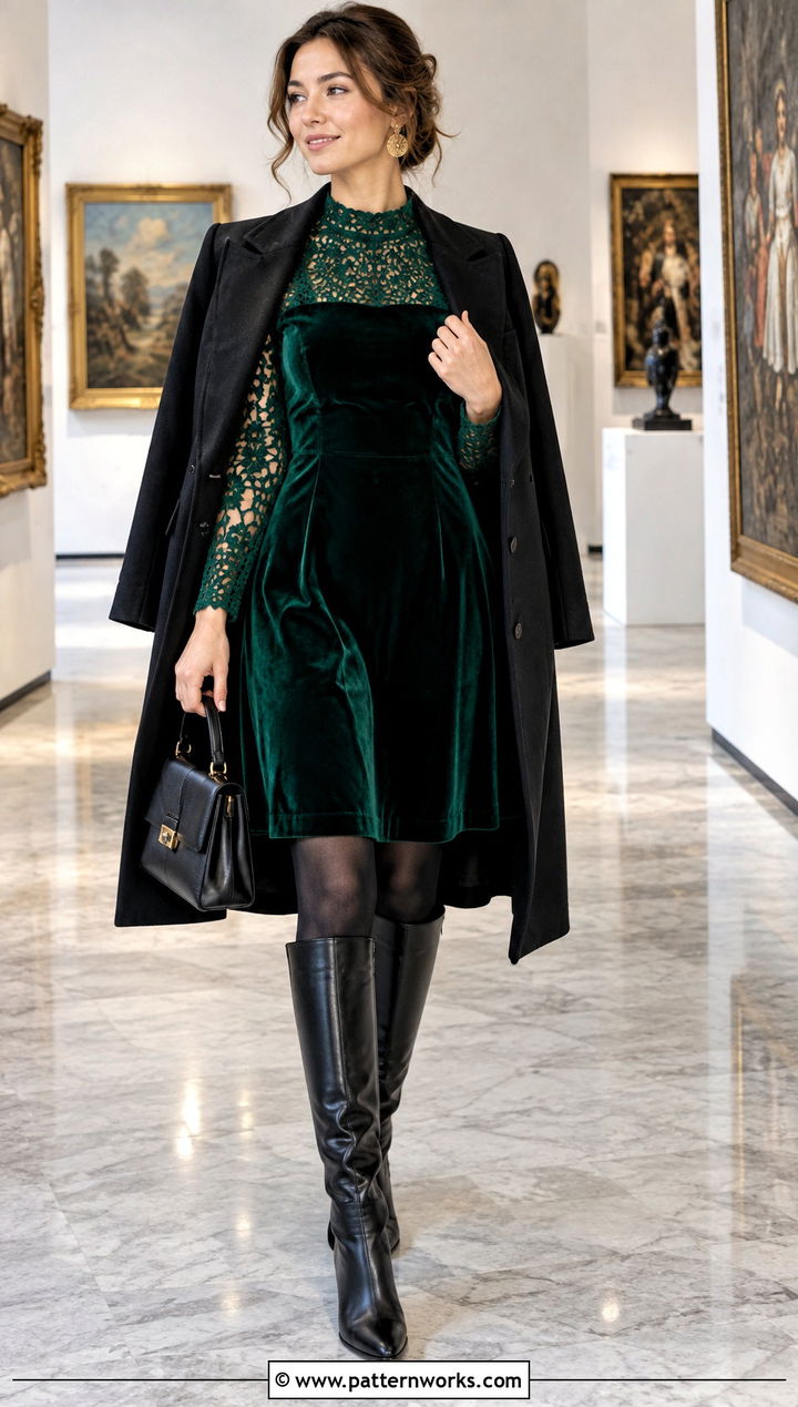 Crochet And Velvet Long Sleeve Dress With Knee Boots - 18 Crochet Fabric Dress outfit ideas