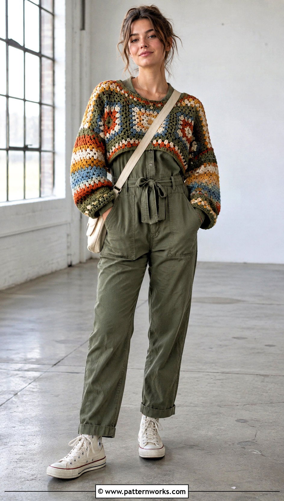 Crochet Baggy Sweater With Utility Jumpsuit - 30 crochet baggy sweater outfit ideas