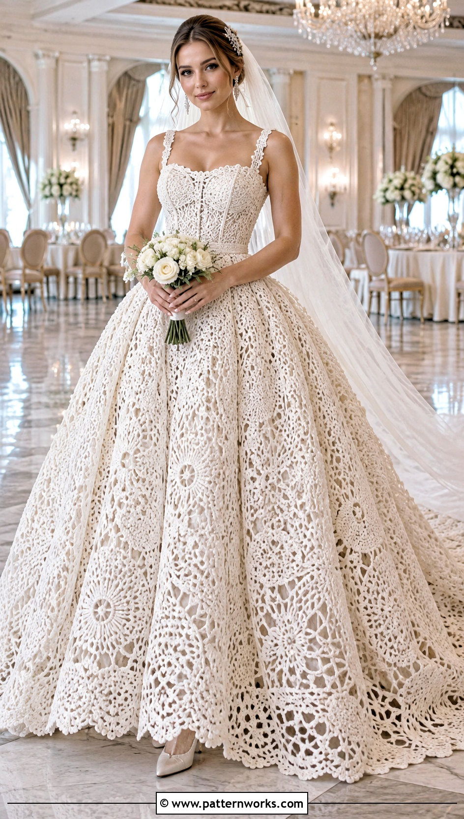 Crochet Ball Gown With Crystal Hair Comb - 18 Handmade Crochet Bridal Gown outfit ideas