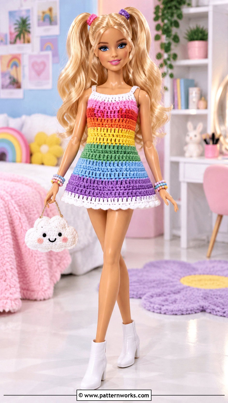 Crochet Barbie Rainbow Striped Dress Outfit - 30 crochet barbie clothes and outfit ideas