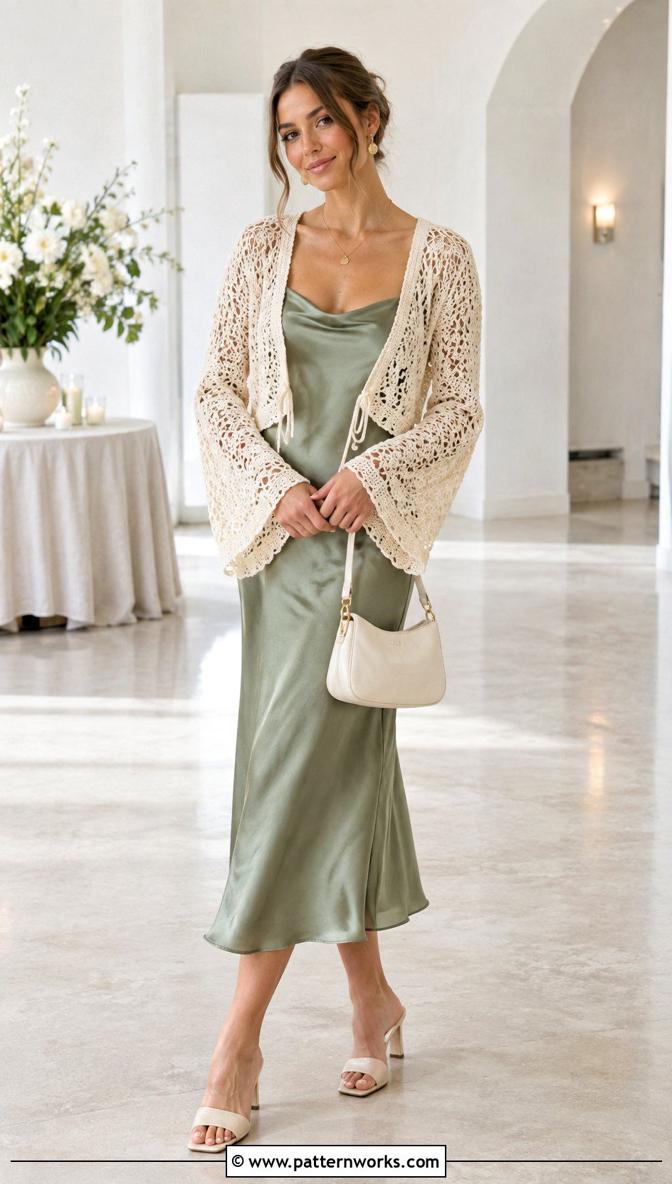 Crochet Bell Sleeve Cardigan With Slip Dress - 24 crochet bell sleeve sweater outfit ideas