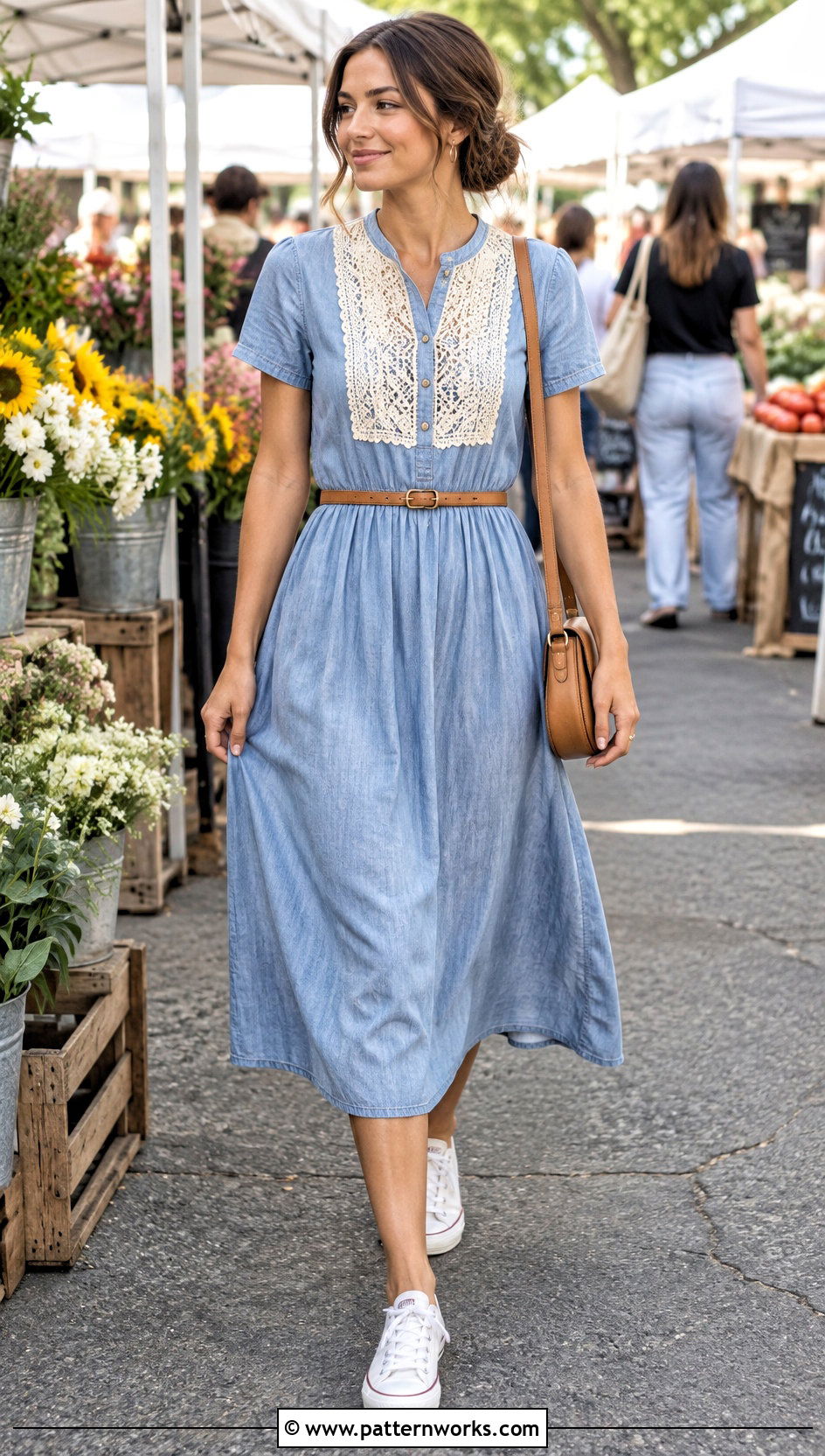 Crochet Bib Chambray Dress Outfit - 24 fabric and crochet dress outfit ideas