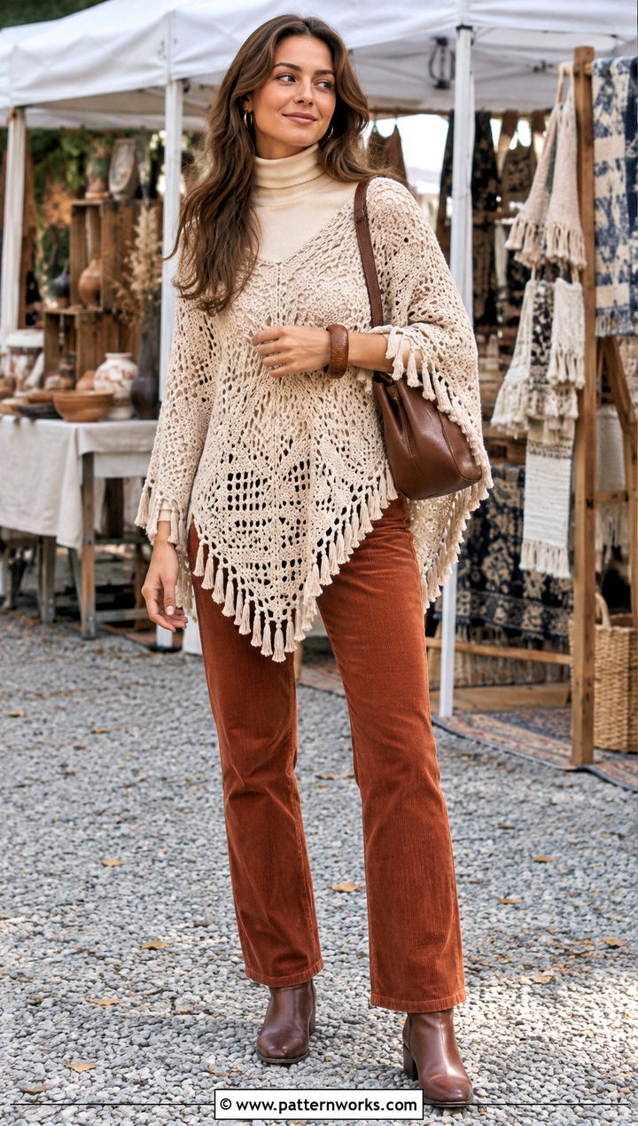 Crochet Boho Poncho With Corduroy Pants - 24 crochet boho poncho outfit ideas