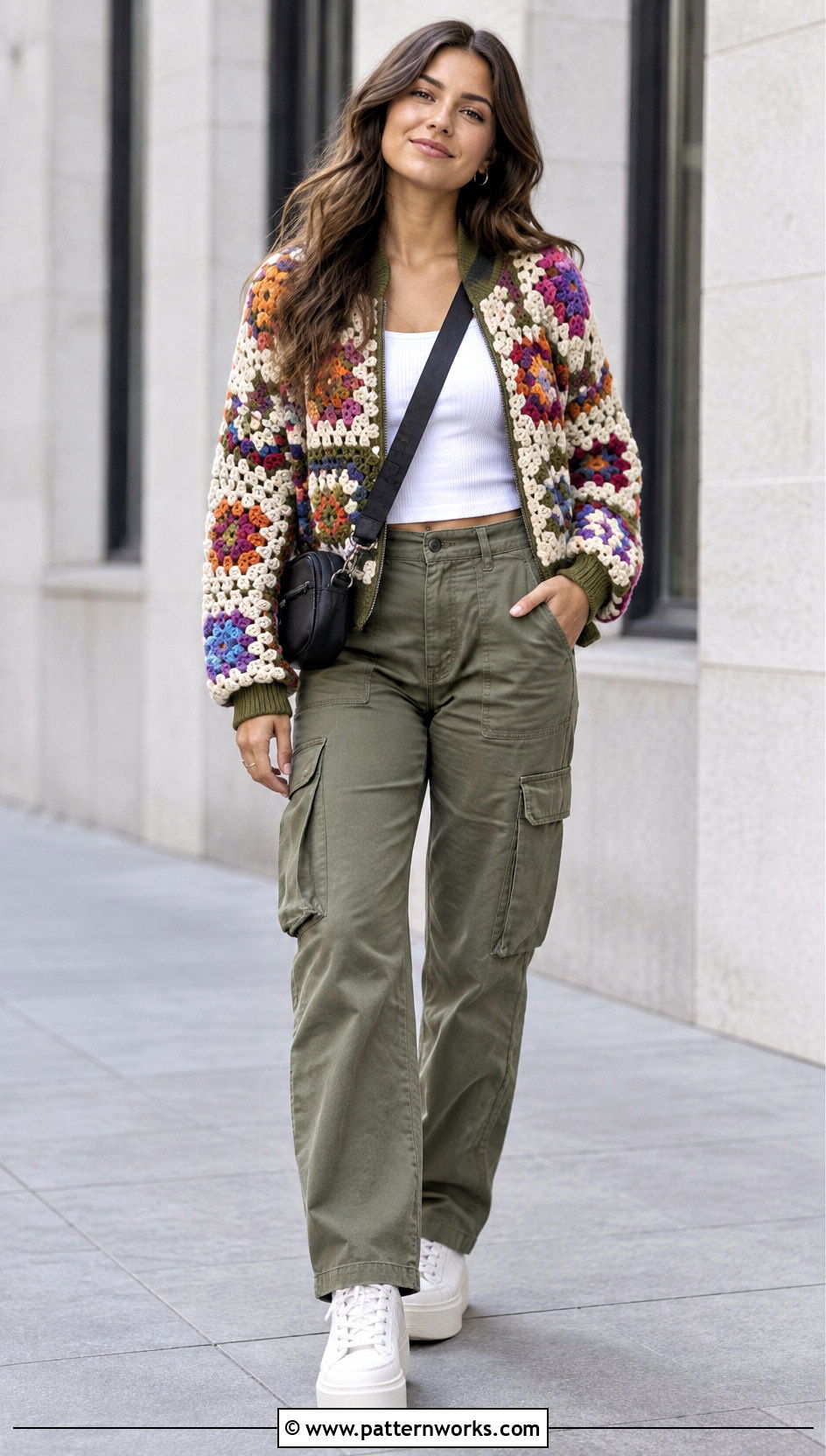 Crochet Bomber Jacket With Cargo Pants - 24 crochet jacket for women outfit ideas