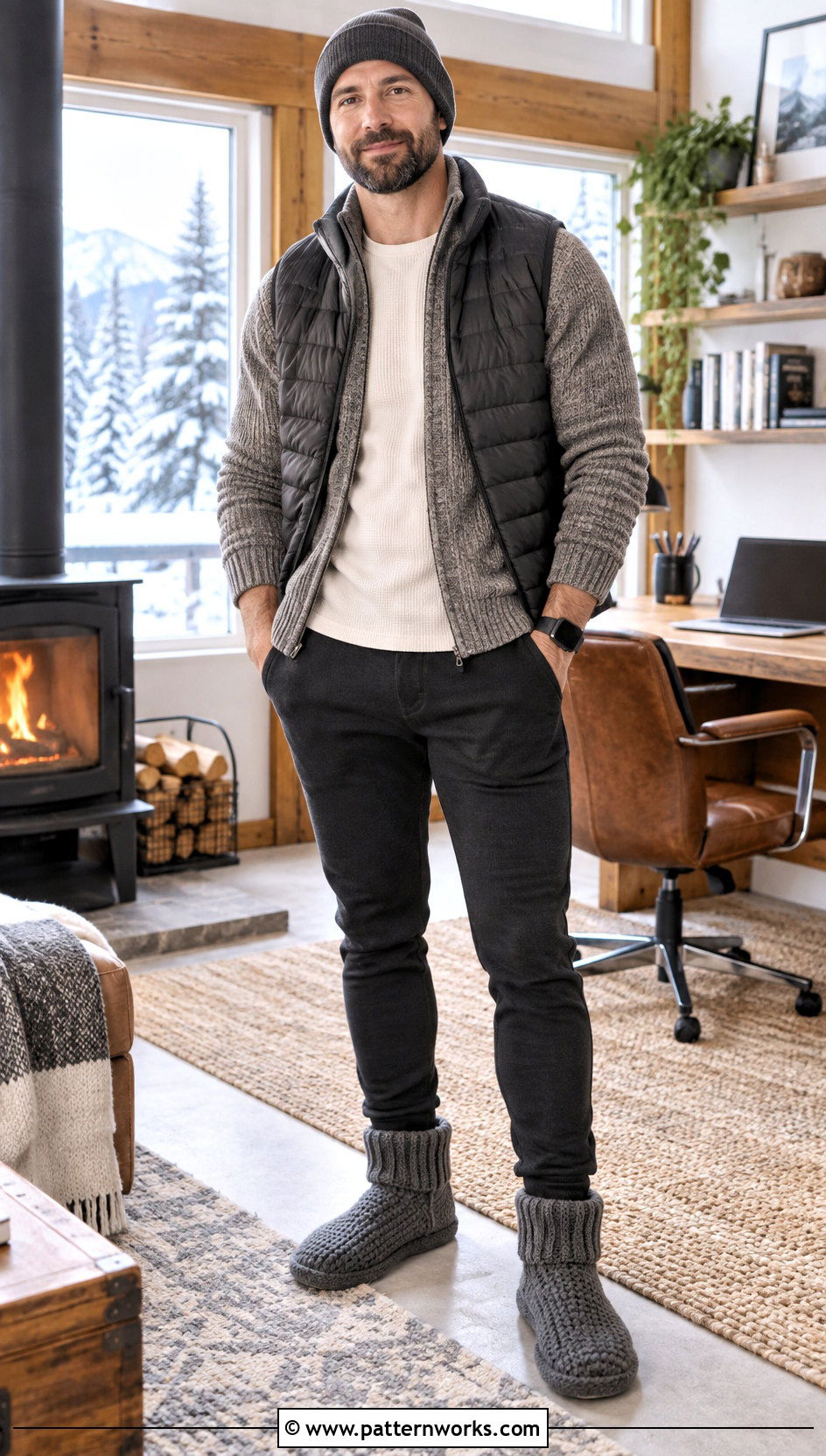 Crochet Bootie Slippers With a Winter Layered Outfit - 24 crochet men's slippers outfit ideas