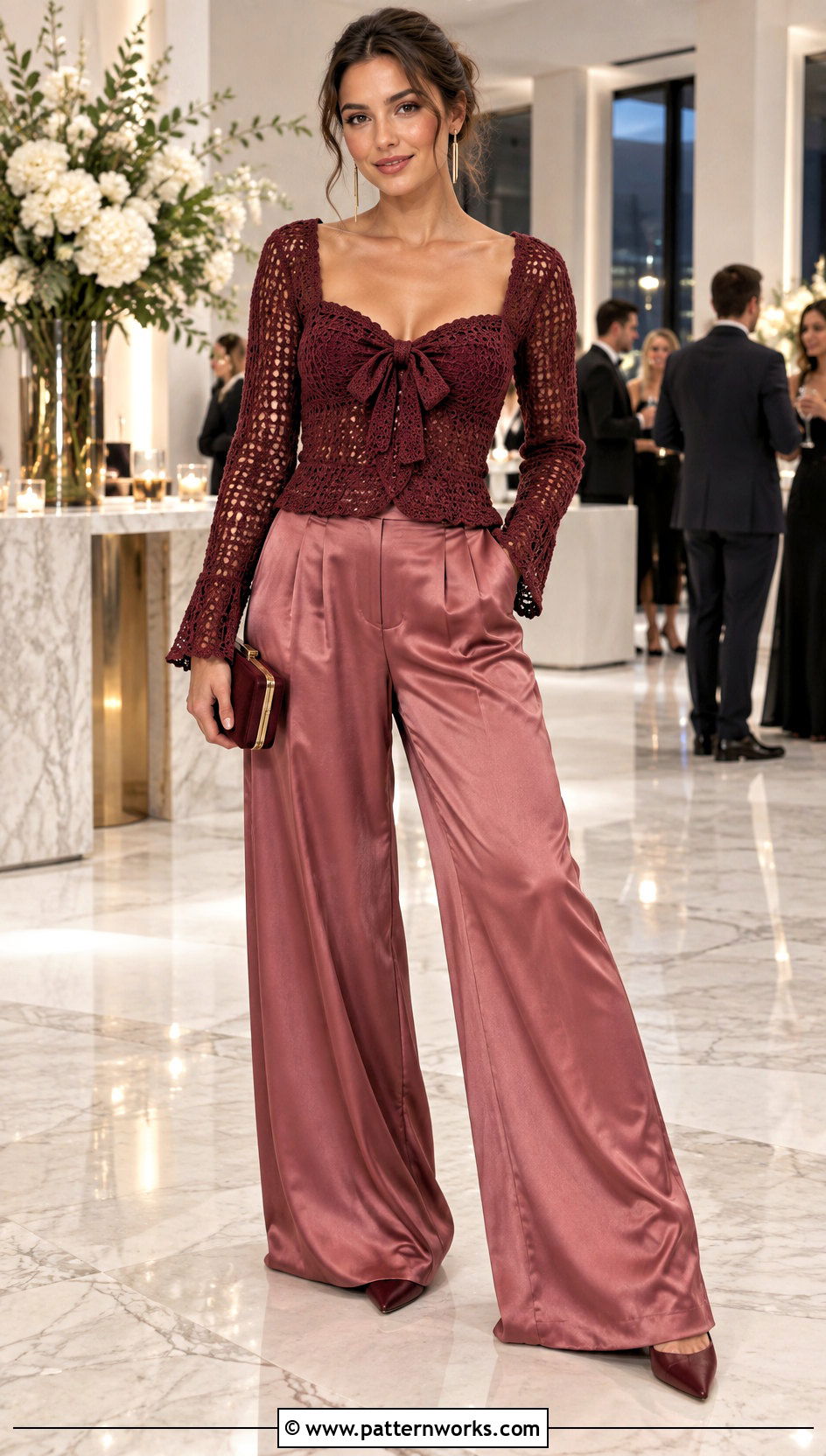 Crochet Bow Sweater With Satin Trousers - 24 crochet bow sweater outfit ideas