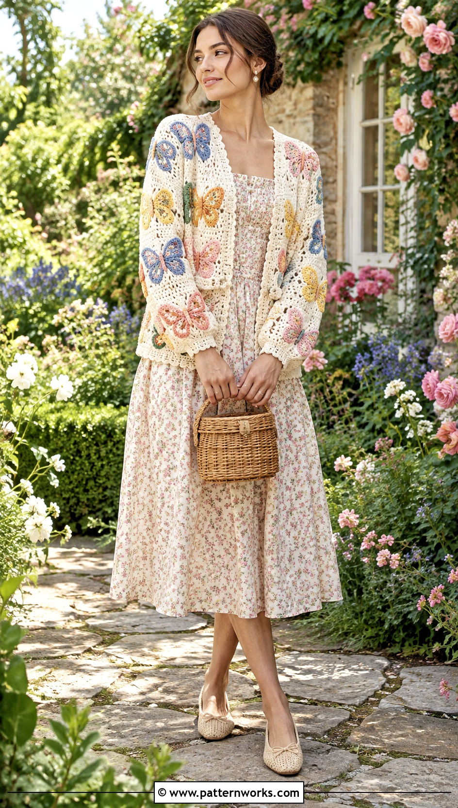 Crochet Butterfly Cardigan With Floral Midi Dress - 30 crochet butterfly cardigan outfit ideas