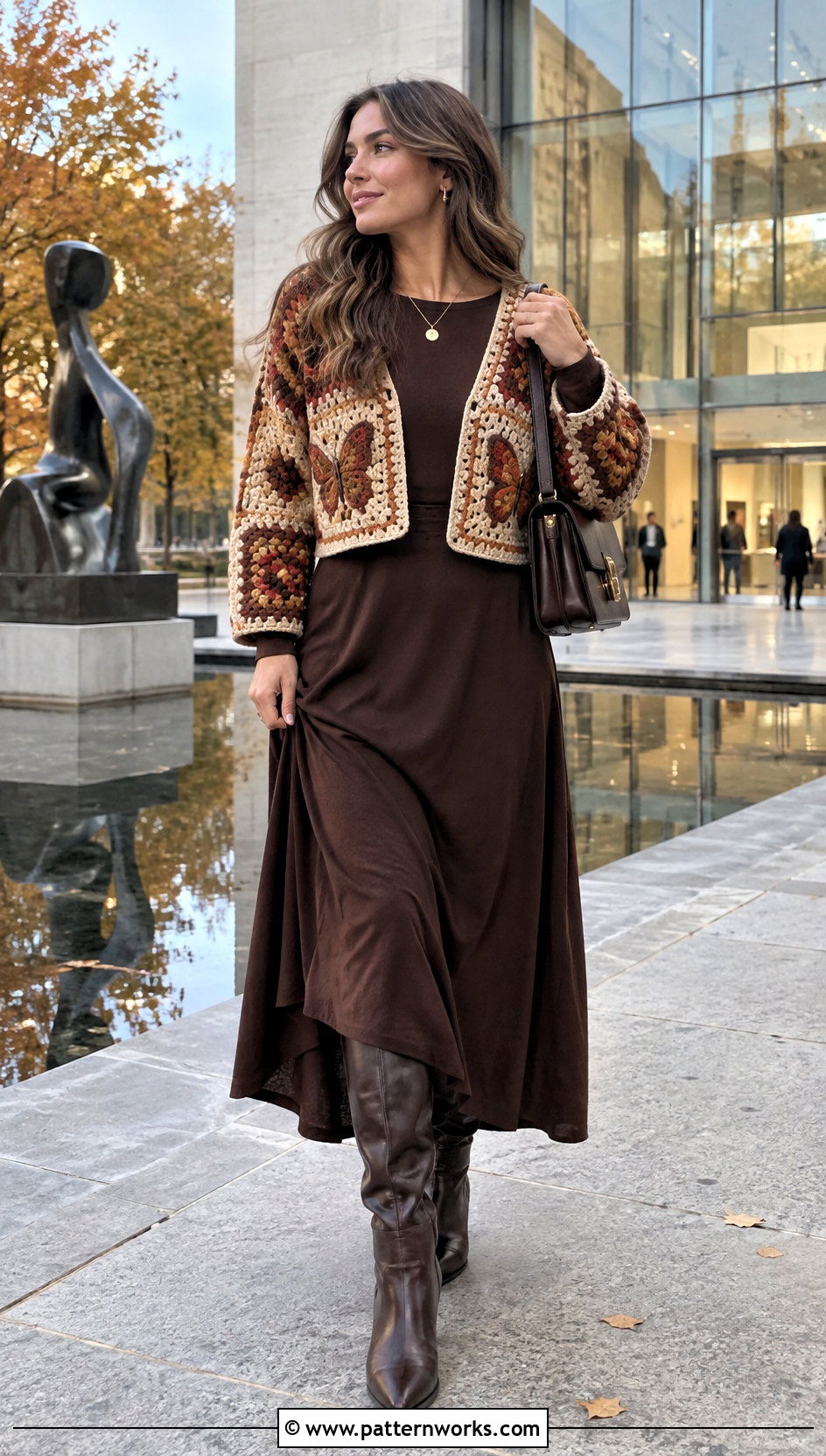 Crochet Butterfly Cardigan With a Long Sleeve Maxi Dress - 30 crochet butterfly cardigan outfit ideas