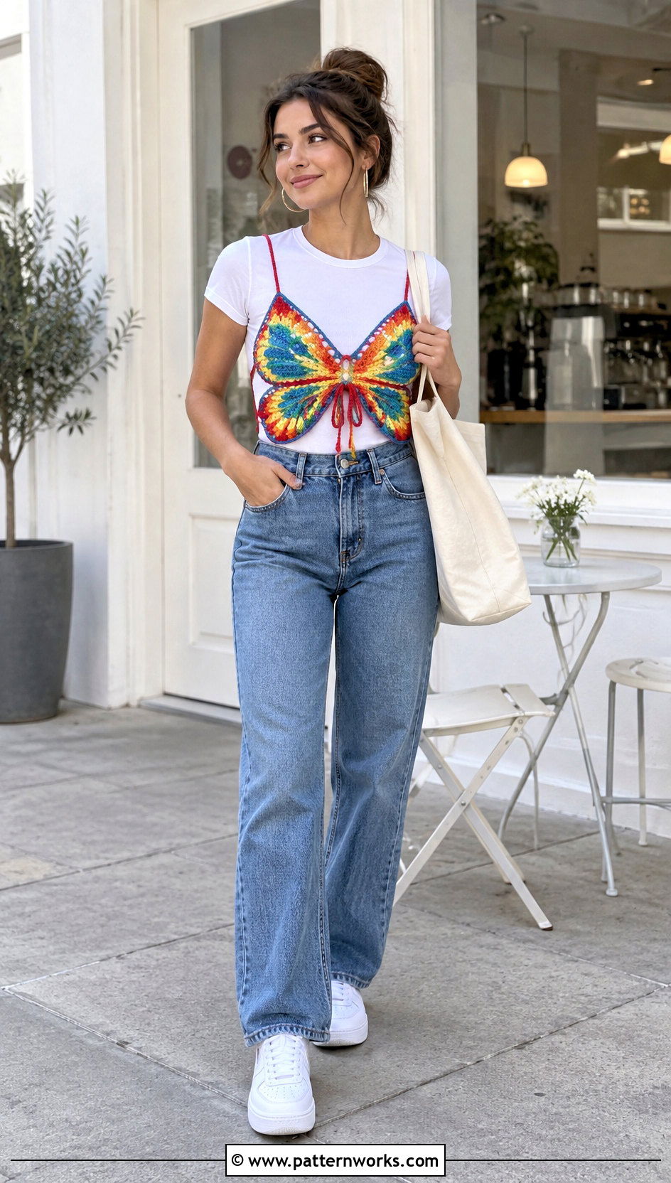 Crochet Butterfly Top Over A White T Shirt - 30 Crochet Butterfly Top outfit ideas